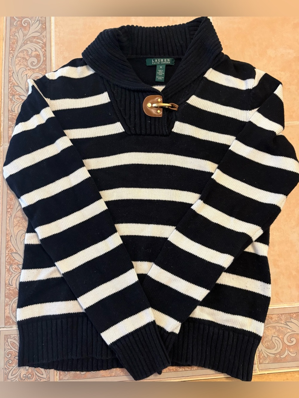 Ralph Lauren Black and White Striped Turtleneck Sweater with Toggle LIKE NEW!!!
